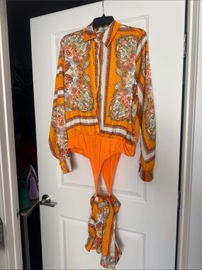 Fashion Nova Orange Paisley Long-Sleeve Baby One-Piece Bodysuit Set